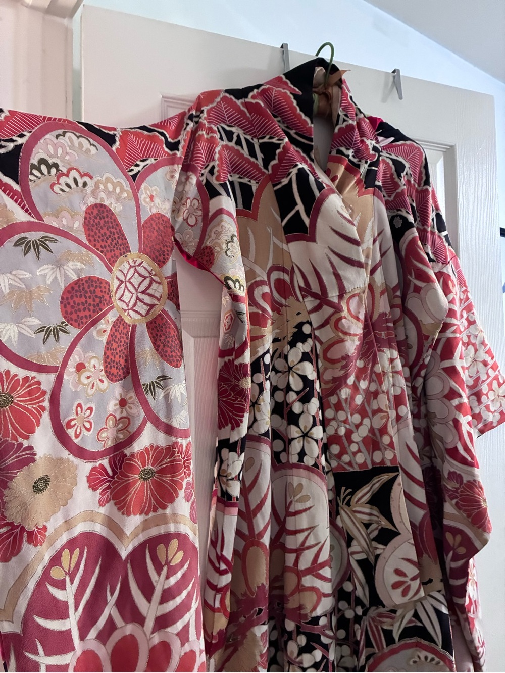 Floral Pattern Pink and Black vintage silk Kimono with gold shiny stitching